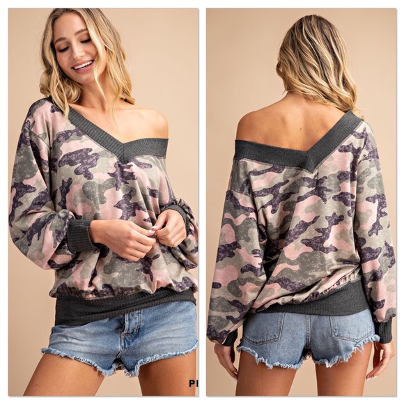Pink Camo Long Sleeve V-Neck Top - Picture 2 of 3
